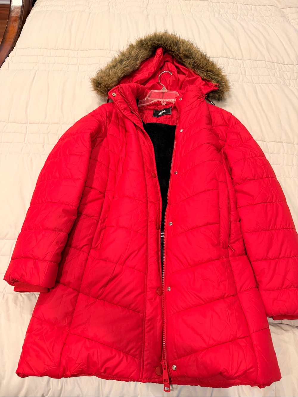 Women’s Red Puffer Coat with Faux-Fur Hood